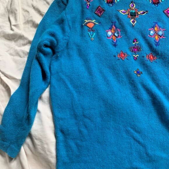 I.B. Diffusion VTG 90s Beaded Silk Blend Angora Sweater Women's Size M Blue - Picture 4 of 16